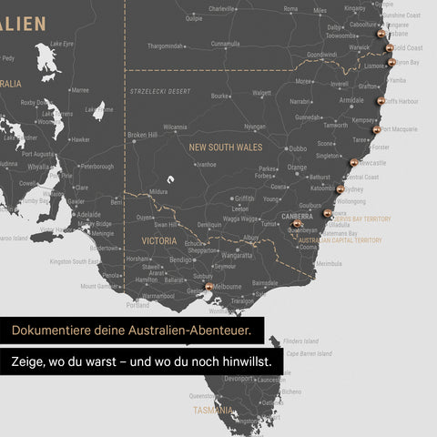 Ausschnitt einer Landkarte von Australien in Farbe Light Gray mit Pins zur Markierung von besuchten Reisezielen