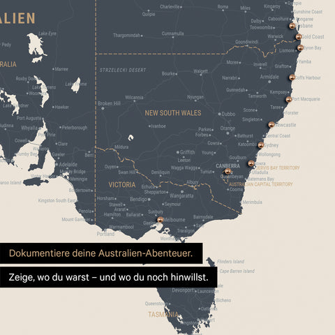 Ausschnitt einer Landkarte von Australien in Farbe Navy Light mit Pins zur Markierung von besuchten Reisezielen