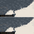Vergleich einer Australien-Karte in Farbe Navy Light mit und ohne Straßennetz