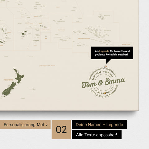 Personalisierte Australien-Karte als Pinn-Leinwand in Farbe Olive Green mit eingedruckten Namen und einer Legende zur Markierung von besuchten Orten
