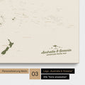 Karte von Australien und Ozeanien in Farbe Olive Green als Leinwand zum Pinnen mit einer optionalen Personalisierung