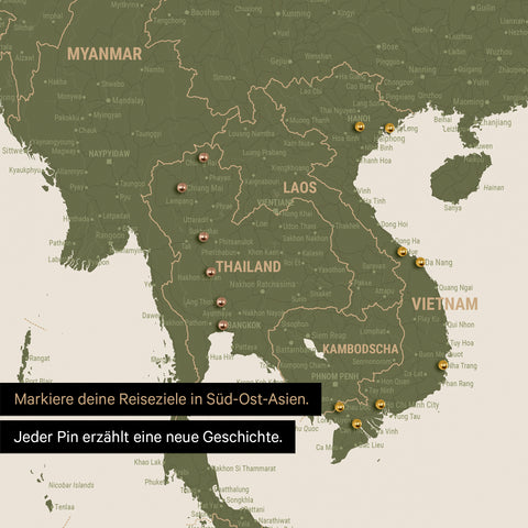 Detail einer Südost-Asien-Karte als Pinn-Leinand in Farbe Olive Green mit Kartenausschnitt von Thailand, Vietnam und Myanmar