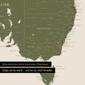 Ausschnitt einer Landkarte von Australien in Farbe Olive Green mit Pins zur Markierung von besuchten Reisezielen