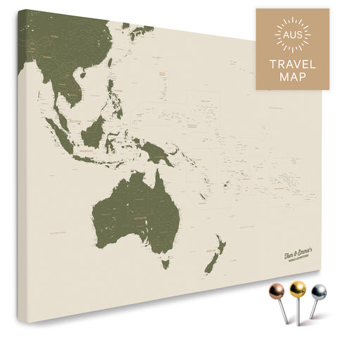 Landkarte von Australien und Ozeanien in Farbe Olive Green als Pinnwand Leinwand zum Pinnen und Markieren von Reisezielen