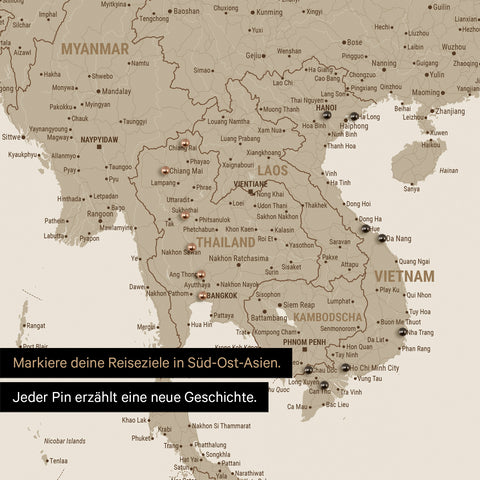 Detail einer Südost-Asien-Karte als Pinn-Leinand in Farbe Bronze mit Kartenausschnitt von Thailand, Vietnam und Myanmar
