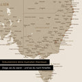 Ausschnitt einer Landkarte von Australien in Farbe Bronze mit Pins zur Markierung von besuchten Reisezielen