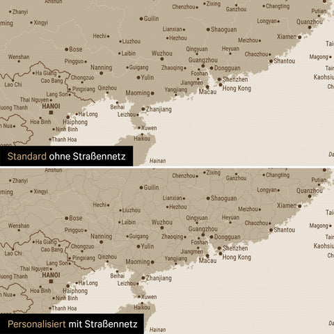 Vergleich einer Australien-Karte in Farbe Bronze mit und ohne Straßennetz