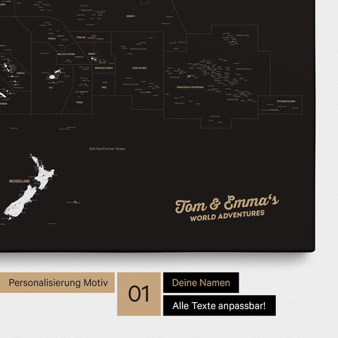 Australien-Karte Pinn-Leinwand in Farbe Schwarz-Weiß mit personalisiertem Text