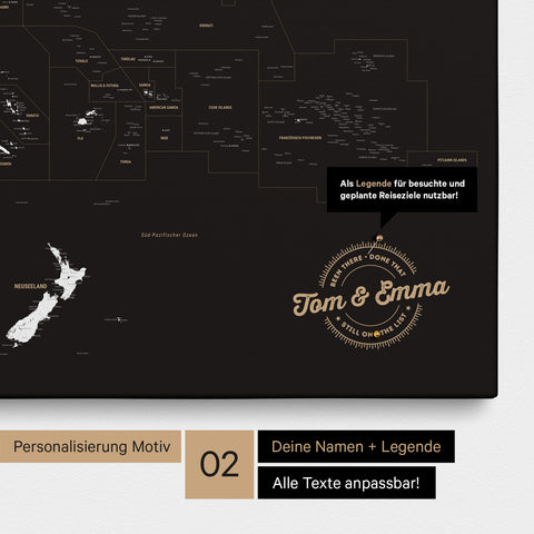 Personalisierte Australien-Karte als Pinn-Leinwand in Farbe Schwarz-Weiß mit eingedruckten Namen und einer Legende zur Markierung von besuchten Orten
