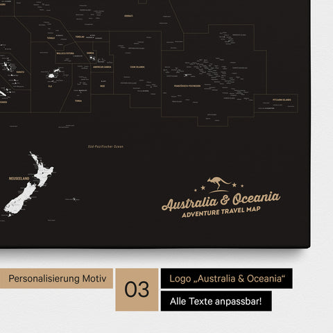 Karte von Australien und Ozeanien in Farbe Schwarz-Weiß als Leinwand zum Pinnen mit einer optionalen Personalisierung