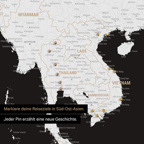 Detail einer Südost-Asien-Karte als Pinn-Leinand in Farbe Schwarz-Weiß mit Kartenausschnitt von Thailand, Vietnam und Myanmar