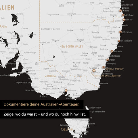 Ausschnitt einer Landkarte von Australien in Farbe Schwarz-Weiß mit Pins zur Markierung von besuchten Reisezielen