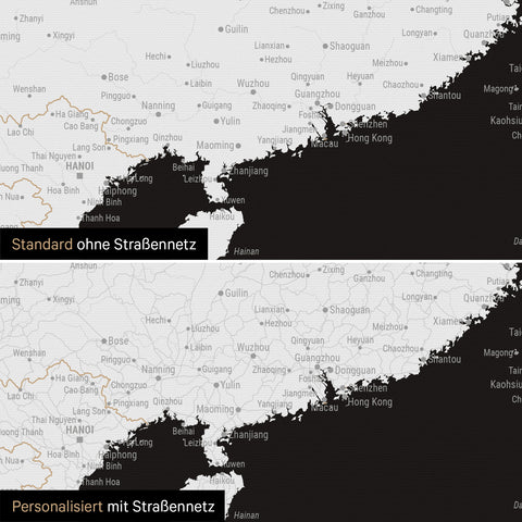 Vergleich einer Australien-Karte in Farbe Schwarz-Weiß mit und ohne Straßennetz