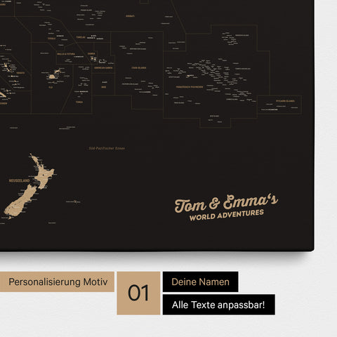 Australien-Karte Pinn-Leinwand in Farbe Sonar Black (Schwarz-Gold) mit personalisiertem Text