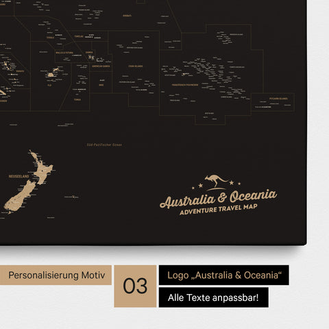 Karte von Australien und Ozeanien in Farbe Sonar Black (Schwarz-Gold) als Leinwand zum Pinnen mit einer optionalen Personalisierung