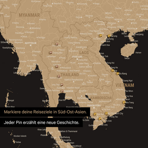 Detail einer Südost-Asien-Karte als Pinn-Leinand in Farbe Sonar Black (Schwarz-Gold) mit Kartenausschnitt von Thailand, Vietnam und Myanmar