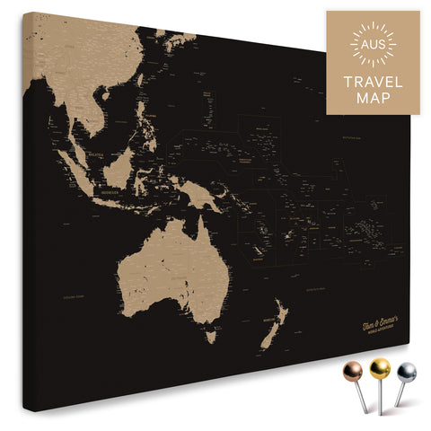 Landkarte von Australien und Ozeanien in Farbe Sonar Black (Schwarz-Gold) als Pinnwand Leinwand zum Pinnen und Markieren von Reisezielen