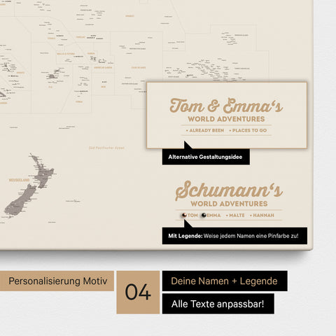 Australien-Karte als Leinwand zum Pinnen in Farbe Warmgray mit Personalisierung in Form eines Logos für Familiennamen