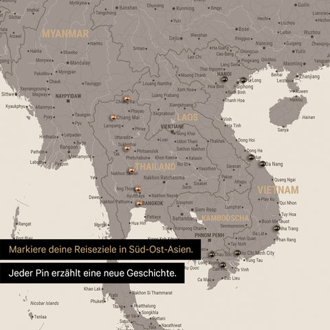 Detail einer Südost-Asien-Karte als Pinn-Leinand in Farbe Warmgray mit Kartenausschnitt von Thailand, Vietnam und Myanmar