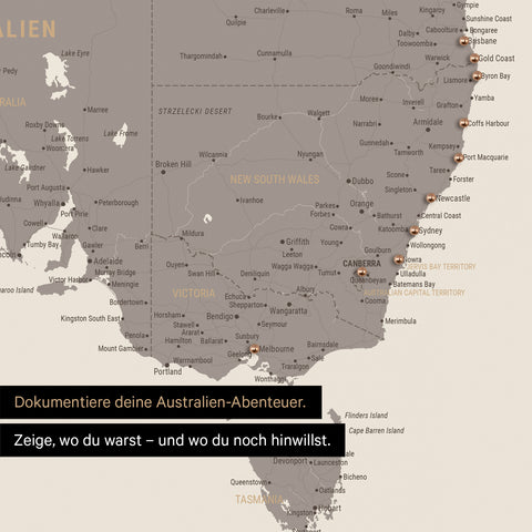 Ausschnitt einer Landkarte von Australien in Farbe Warmgray mit Pins zur Markierung von besuchten Reisezielen