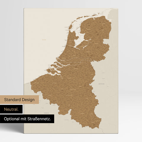 Neutrale Standard Ausführung der detaillierten Benelux-Karte als Pinnwand Leinwand in Bronze ohne Personalisierung
