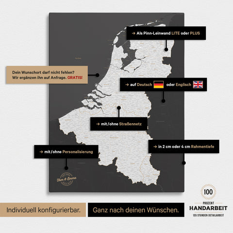 Carte de Benelux TRAVEL® à épingles – Gris foncé