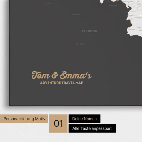 Landkarte von Niederlande, Belgien und Luxemburg als Pinnwand Leinwand in Dunkelgrau mit Personalisierung und Namen in einer modernen Schreibschrift