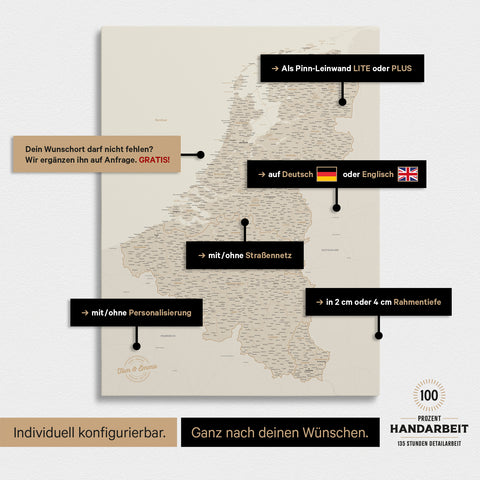 Benelux-Karte TRAVEL® Pinn-Leinwand – Gold