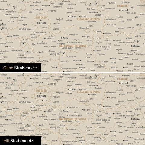 Benelux-Karte TRAVEL® Pinn-Leinwand – Gold