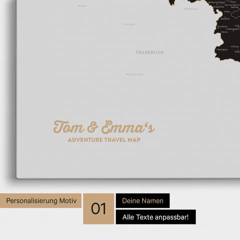 Landkarte von Niederlande, Belgien und Luxemburg als Pinnwand Leinwand in Light Black mit Personalisierung und Namen in einer modernen Schreibschrift