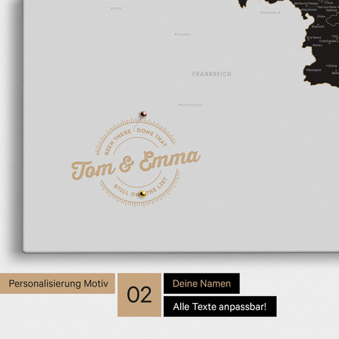Benelux-Karte Pinn-Leinwand in Light Black mit Personalisierung als rundes Logo, das eine Legende für bereits besuchte Reiseziele im Rundtext beinhaltet