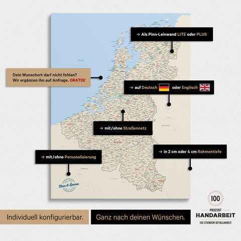 Benelux-Karte TRAVEL® Pinn-Leinwand – Multicolor Classic