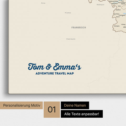 Landkarte von Niederlande, Belgien und Luxemburg als Pinnwand Leinwand in Multicolor Classic mit Personalisierung und Namen in einer modernen Schreibschrift