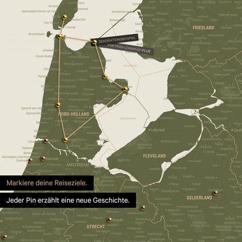 Moderne Benelux-Landkarte in der Farbe Oliv-Grün als Pinn-Leinwand zeigt einen Ausschnitt von Nord-Holland und Utrecht, in der bereits besuchte Reiseziele durch Pins markiert sind 