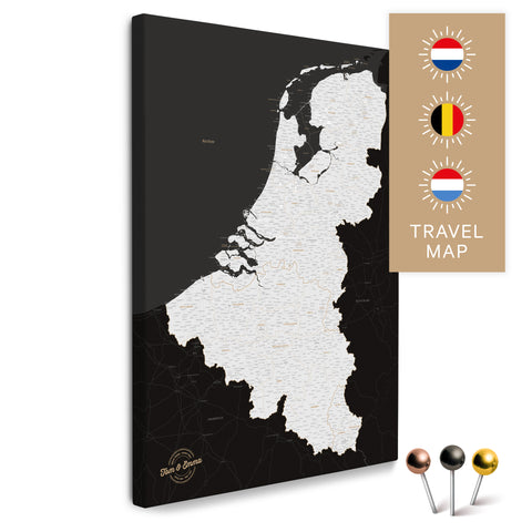 Benelux-Landkarte mit Niederlande, Belgien und Luxemburg in der Farbe Schwarz-Weiss in einem modernen, minimalistischem Design als Leinwand zum Pinnen von Reisen und Orten