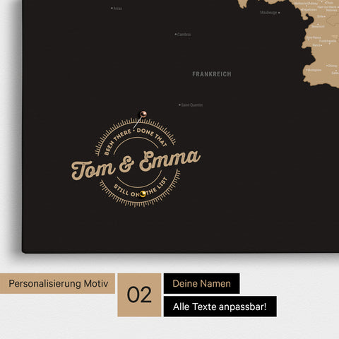 Benelux-Karte Pinn-Leinwand in Sonar Black mit Personalisierung als rundes Logo, das eine Legende für bereits besuchte Reiseziele im Rundtext beinhaltet