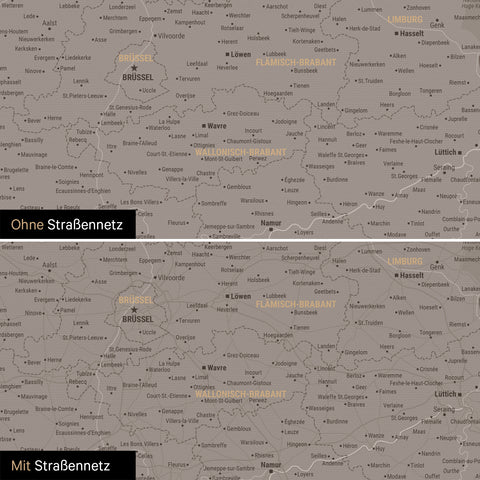 Benelux-Karte TRAVEL® Pinn-Leinwand – Warmgray