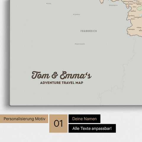 Politische Landkarte von Niederlande, Belgien und Luxemburg als Pinnwand Leinwand in Multicolor Grau mit Personalisierung und Namen in einer modernen Schreibschrift