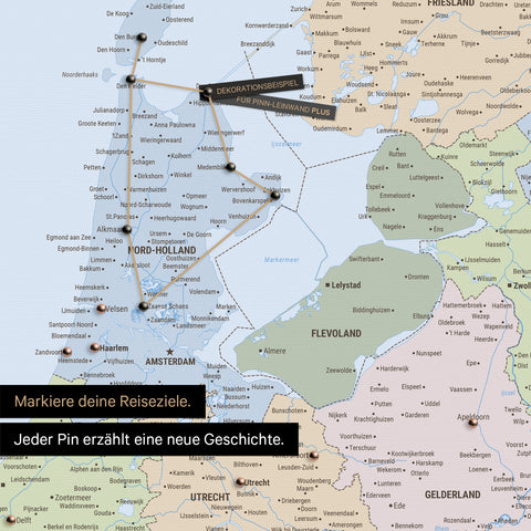 Politische Benelux-Landkarte als Pinn-Leinwand zeigt einen Ausschnitt von Nord-Holland und Utrecht, in der bereits besuchte Reiseziele durch Pins markiert sind