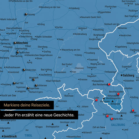 Detail einer DACH-Karte als Pinn-Leinwand in Blau mit Pins in Deutschland, Österreich und Schweiz
