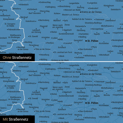 DACH-Karte Leinwand in Blau wahlweise mit oder ohne Straßennetz