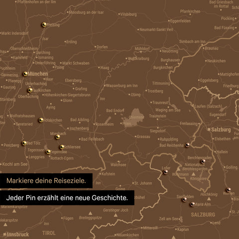 Detail einer DACH-Karte als Pinn-Leinwand in Braun mit Pins in Deutschland, Österreich und Schweiz