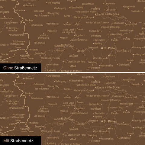 DACH-Karte Leinwand in Braun wahlweise mit oder ohne Straßennetz