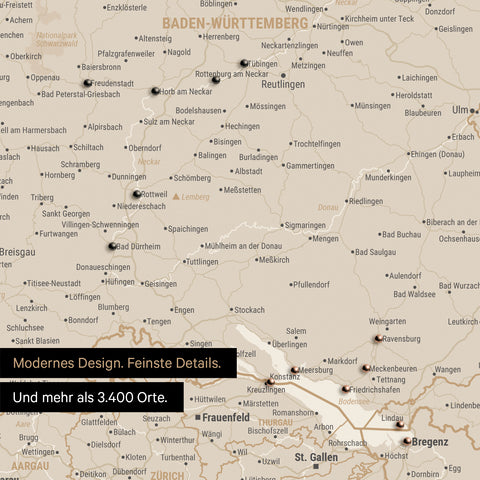 DACH Map (DE-AT-CH) Canvas Push Pin Board – Gold