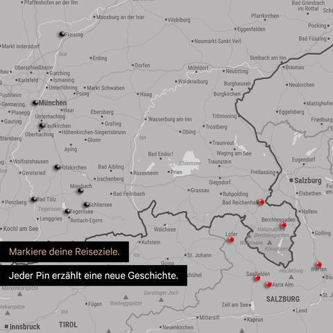 Detail einer DACH-Karte als Pinn-Leinwand in Hellgrau mit Pins in Deutschland, Österreich und Schweiz
