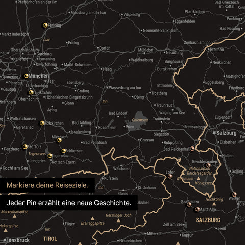 Detail einer DACH-Karte als Pinn-Leinwand in Light Black mit Pins in Deutschland, Österreich und Schweiz