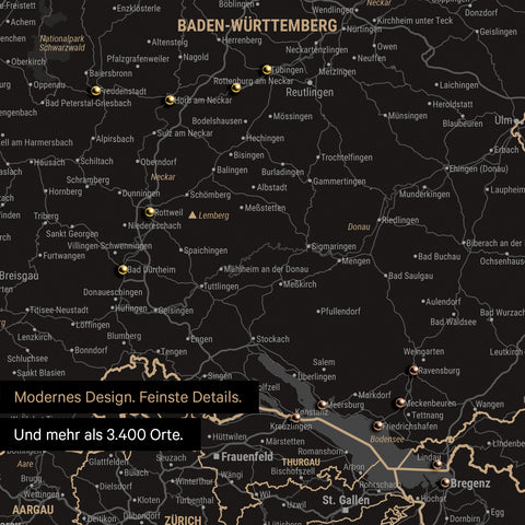 Ausschnitte einer DACH-Karte als Pinn-Leinwand in Light Black mit 3.400 Orten