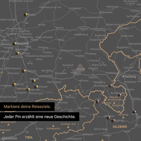 Detail einer DACH-Karte als Pinn-Leinwand in Light Gray mit Pins in Deutschland, Österreich und Schweiz
