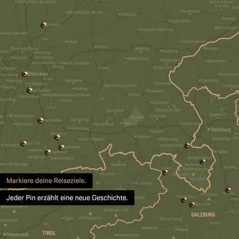 Detail einer DACH-Karte als Pinn-Leinwand in Olive Green mit Pins in Deutschland, Österreich und Schweiz