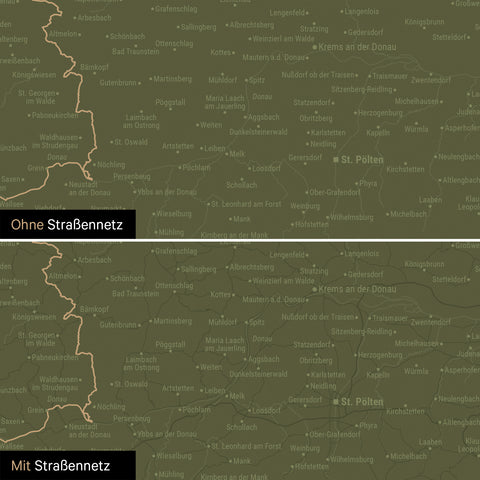 DACH-Karte Leinwand in Olive Green wahlweise mit oder ohne Straßennetz